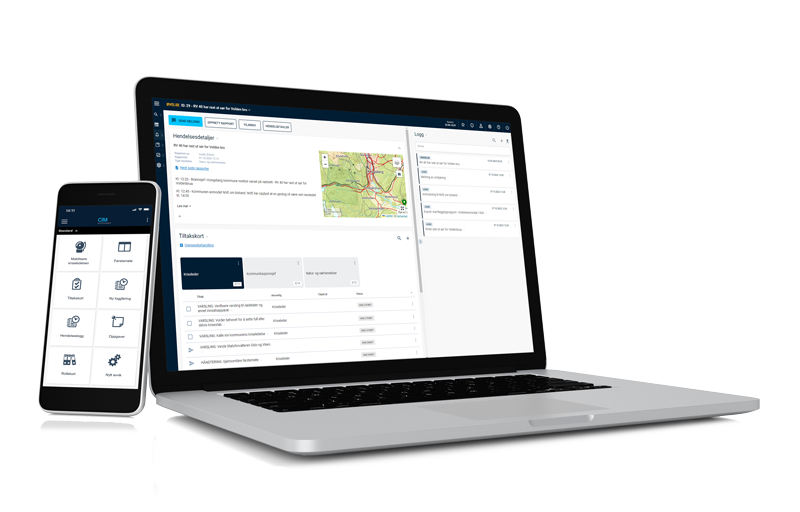 En smarttelefon og en bærbar datamaskin som viser et brukergrensesnitt. Smarttelefonen viser appikoner i et organisert rutenett, mens den bærbare datamaskinen har CIM for brann – et komplekst grensesnitt med kart, tekst og datatabeller – perfekt for å øke arbeidsproduktiviteten.