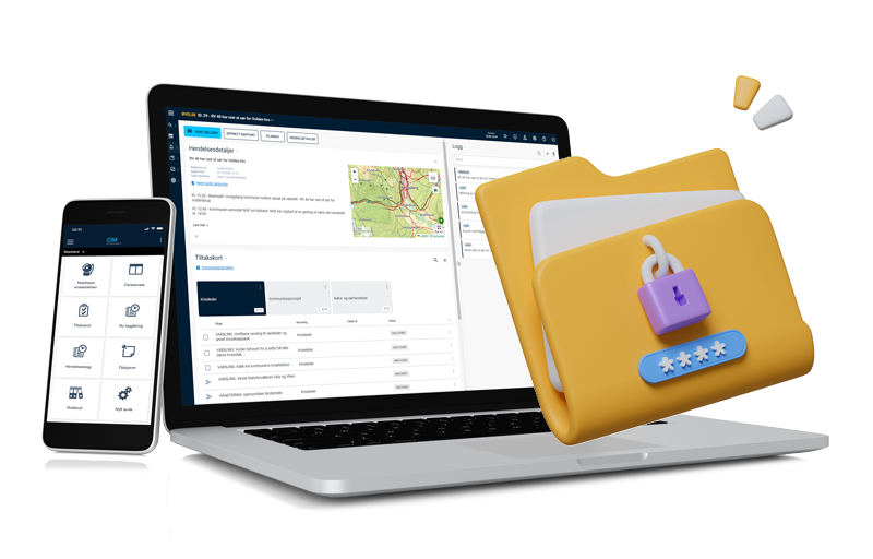 En smarttelefon og en bærbar datamaskin viser kart og data i bakgrunnen. I forgrunnen antyder en 3D-illustrasjon av en gul mappe med et låsesymbol sikre eller krypterte filer, som gjenspeiler viktigheten av arkivering av data fra CIM for forbedret databeskyttelse.