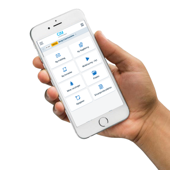 A hand holding a smartphone displaying a CIM for brann app interface with various icons and options, including messages, favorites, calendar, and settings. The screen background is white with blue and gray icons.