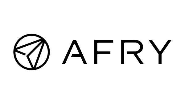 The AFRY logo, representing Våre partnere, displays "AFRY" in bold, modern black letters alongside a circular geometric symbol to the left that resembles an abstract paper airplane or interconnected lines.
